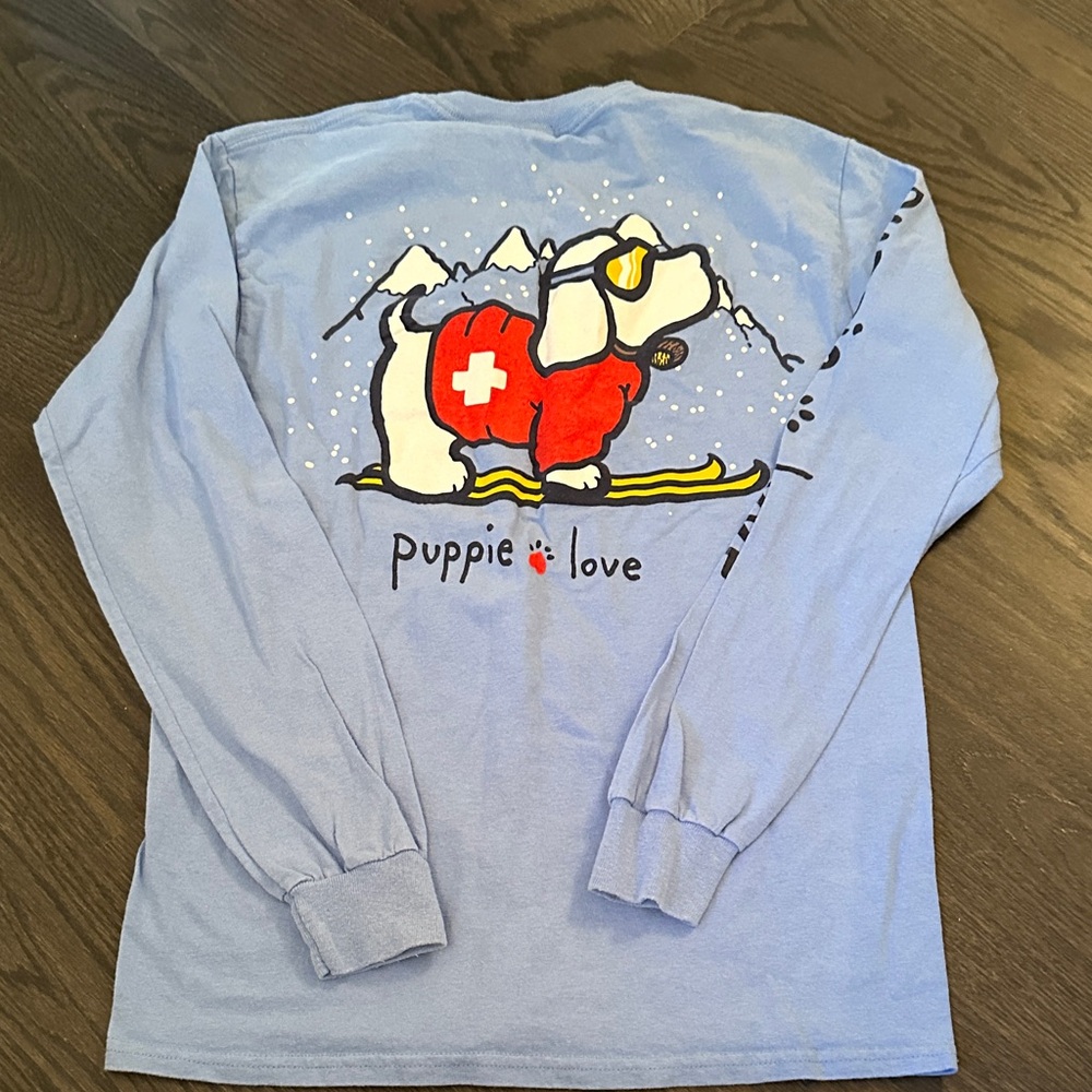 Puppie Love Light Blue Skiing Dog Graphic Shirt